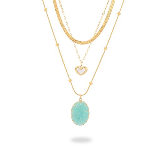 Stainless Steel Jewelry Necklace 304 Stainless Steel with Natural Stone & ​Amazonite​ & White Shell plated & for woman golden Sold By PC