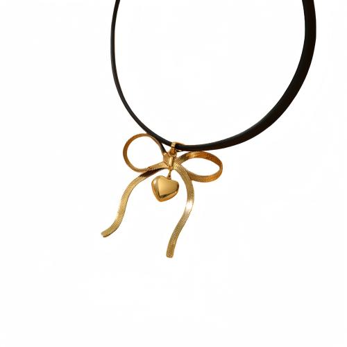 Edelstahl Schmuck Halskette, 304 Edelstahl, mit PU Leder, Schleife, plattiert, Micro pave Zirkonia & für Frau, keine, verkauft von PC