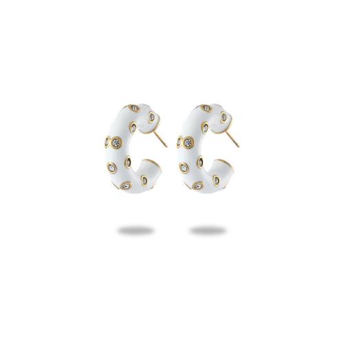 Stainless Steel Stud Earrings 304 Stainless Steel with White Shell & Resin plated & for woman & enamel & with rhinestone golden Sold By Pair