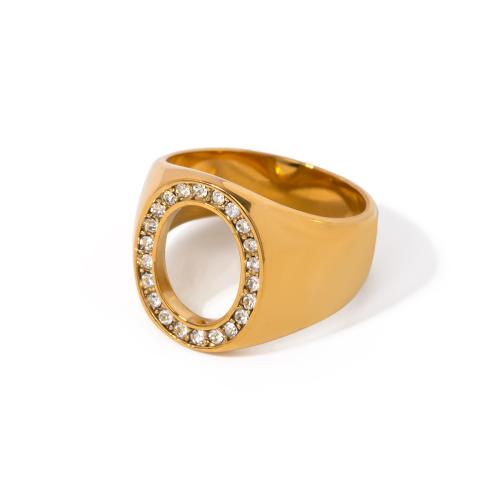 Anel de dedo de aço inoxidável de strass, Aço inoxidável 304, 18K banhado a ouro, tamanho diferente para a escolha & para mulher & com strass, dourado, vendido por PC