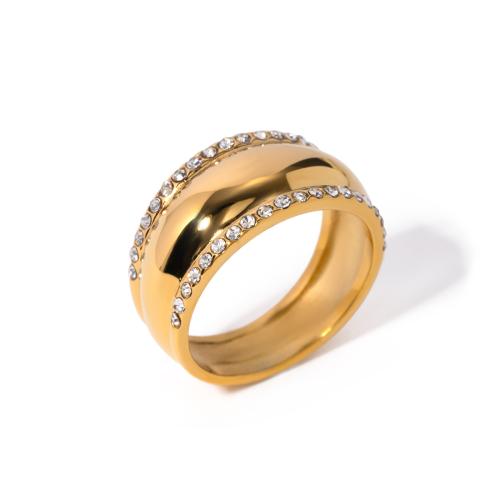 nehrđajućeg Čelik vještački dijamant Finger Ring, 304 nehrđajućeg čelika, 18K pozlaćeno, različite veličine za izbor & za žene & s Rhinestone, zlatan, width 9.8mm, Prodano By PC
