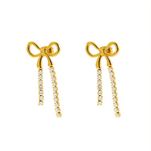 Stainless Steel Stud Earrings 304 Stainless Steel Bowknot 18K gold plated fashion jewelry & for woman & with rhinestone golden Sold By Pair