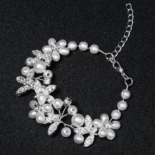 Pulsera de Aleación de Zinc, con Perlas plásticas, con 5cm extender cadena, Joyería & para mujer & con diamantes de imitación, plateado, Vendido para aproximado 18 cm Sarta