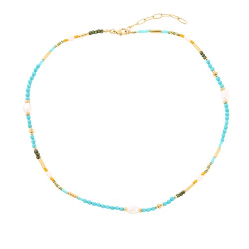Stainless Steel Jewelry Necklace 304 Stainless Steel with Kambaba Jasper & ​Amazonite​ & Freshwater Pearl plated & micro pave cubic zirconia & for woman golden Sold By PC