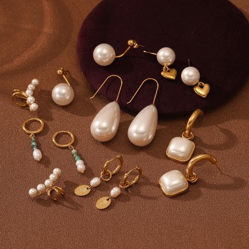 Roestvrij staal Stud Earrings, 304 roestvrij staal, met turkoois & Plastic Pearl, plated, verschillende stijlen voor de keuze & voor vrouw, gouden, Verkocht door pair
