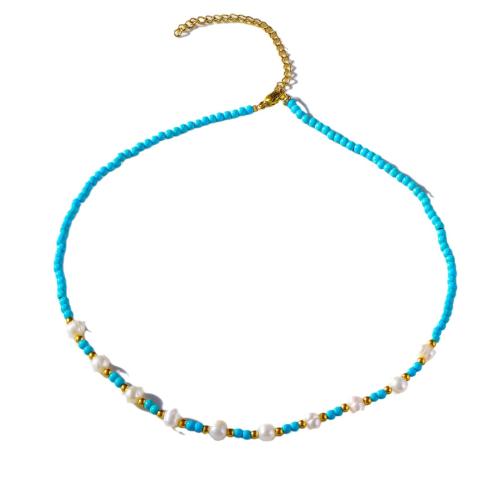 Stainless Steel Jewelry Necklace 304 Stainless Steel with Seedbead & Plastic Pearl plated for woman blue Sold By PC