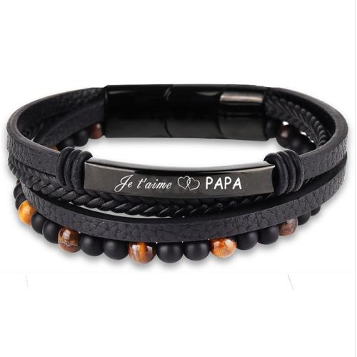 Leather Cord Bracelet 304 Stainless Steel with Magnet & leather cord & Tiger Eye handmade & for man black Length 16 cm Sold By PC