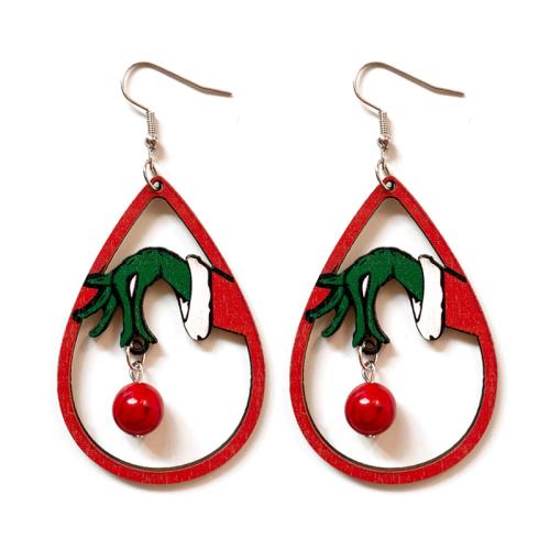 Wood Drop Earring with Turquoise & Iron Christmas Design & for woman 82mm Sold By Pair