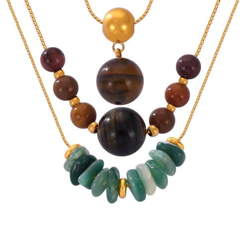 Titanium Steel Necklace with ​Amazonite​ & Tiger Eye & Agate fashion jewelry & for woman golden Sold By PC