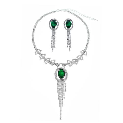 Sets de Joyas, pendiente & collar, aleación de zinc, 2 piezas & para mujer & con diamantes de imitación, plateado, earring 55mm, longitud aproximado 36 cm, Vendido por Set