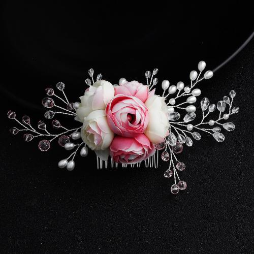 Decorative Hair Combs Zinc Alloy with Cloth & Crystal & Plastic Pearl fashion jewelry & for woman silver color Sold By PC