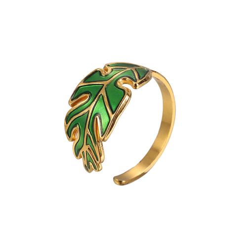 Enamel Stainless Steel Finger Ring 304 Stainless Steel Leaf fashion jewelry & for woman golden Sold By PC