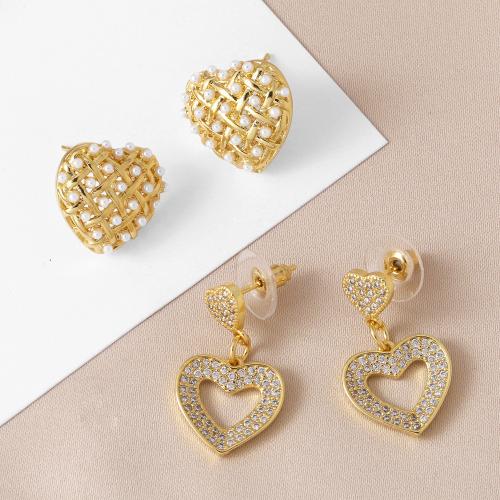Cubic Zirconia Micro Pave Brass Earring with Plastic Pearl plated fashion jewelry & micro pave cubic zirconia golden nickel lead & cadmium free Sold By Pair