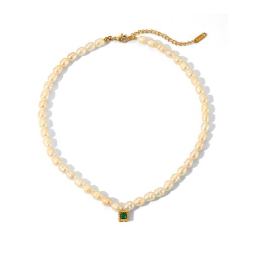 Přírodní Sladkovodní Pearl náhrdelník, 304 Stainless Steel, s Sladkovodní Pearl, micro vydláždit kubické zirkony & pro ženy, zlato, Prodáno By PC