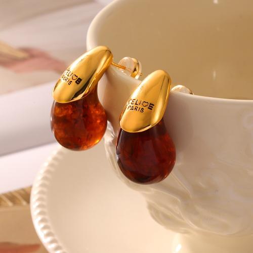 Messing oorbelknoppen, met Hars, mode sieraden & voor vrouw, gouden, 31x23mm, Verkocht door pair