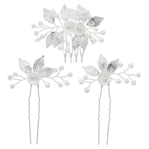 Mixed Hair Accessories Zinc Alloy hair comb & hair stick with Plastic Pearl three pieces & fashion jewelry & for woman silver color Sold By Set