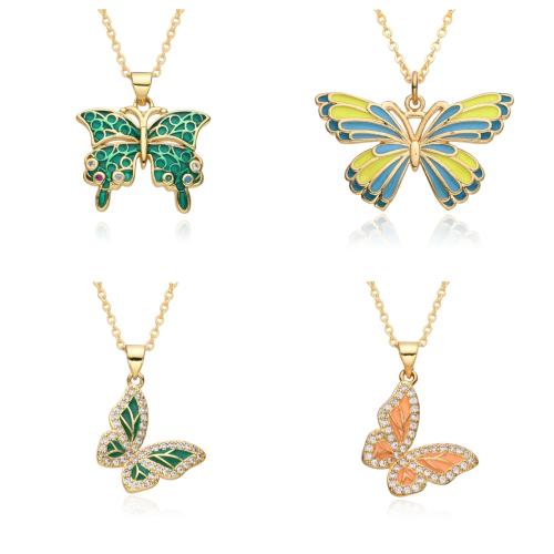 Cubic Zircon Micro Pave Brass Necklace Butterfly plated & micro pave cubic zirconia & for woman & enamel Length Approx 41-50 cm Sold By PC