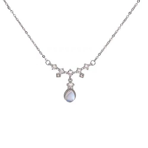 Cubic Zircon Micro Pave 925 Sterling Silver Necklace with Moonstone with 5CM extender chain micro pave cubic zirconia & for woman platinum color Length Approx 40 cm Sold By PC