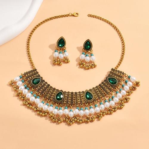 Zinc Alloy Jewelry Sets earring & necklace with Plastic Pearl plated for woman & with rhinestone green Sold By Set