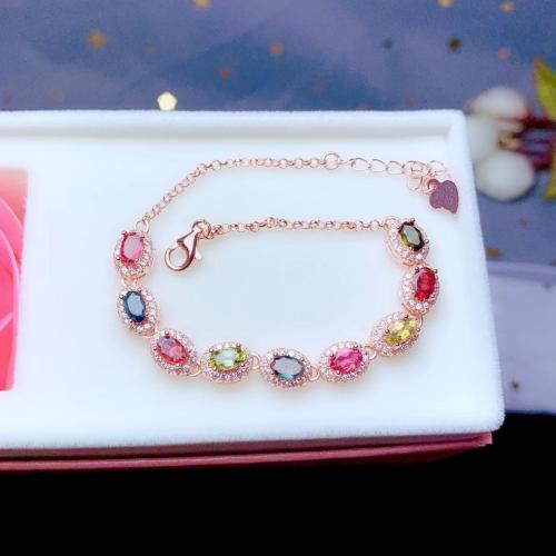 Mosiądz bransoletki, ze 5cm przedłużeniami łańcuszka, Platerowane kolorem rożowego złota, biżuteria moda & dla kobiety & z kamieniem, wielokolorowy, długość około 17 cm, sprzedane przez PC