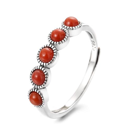 925 Sterling Silver Cuff Finger Ring with Yunnan Red Agate Geometrical Pattern vintage & for woman US Ring Sold By PC