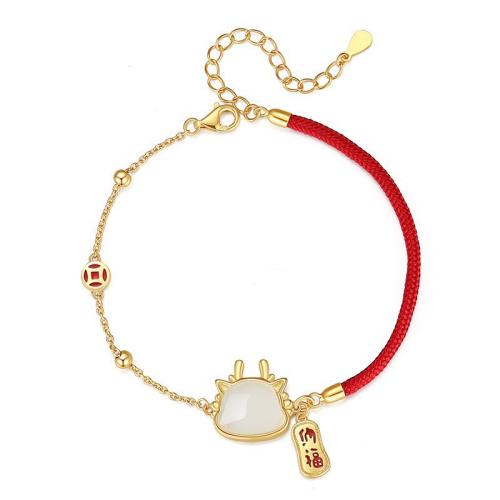 alliage de zinc bracelet, avec corde de coton & résine, dragon, Placage de couleur d'or, pour femme & émail, Longueur Environ 6.5 pouce, Vendu par PC