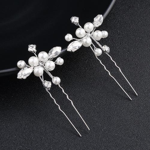 Hair Stick Zinc Alloy with Plastic Pearl 2 pieces & for woman & with rhinestone white Sold By Bag