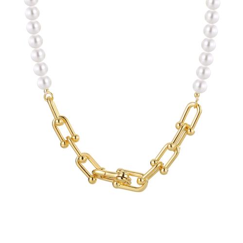 Brass Necklace with Plastic Pearl plated for woman Length Approx 45 cm Sold By PC