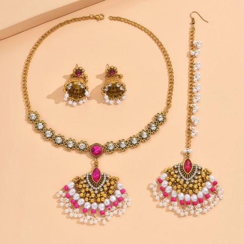 Zinklegierung Schmucksets, Ohrring & Halskette, mit Kunststoff Perlen, plattiert, drei Stücke & für Frau & mit Strass, keine, verkauft von setzen