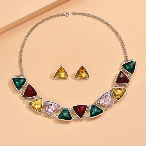Zinc Alloy Jewelry Sets Stud Earring & necklace with Glass plated 2 pieces & for woman multi-colored Sold By Set