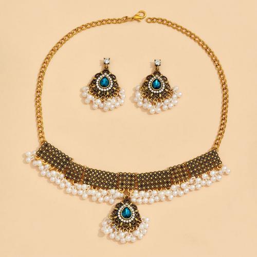 Zinc Alloy Jewelry Sets earring & necklace 2 pieces & for woman & with rhinestone blue Sold By Set