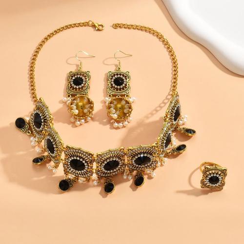 Zinc Alloy Jewelry Sets finger ring & earring & necklace with Plastic Pearl plated three pieces & for woman & with rhinestone Sold By Set
