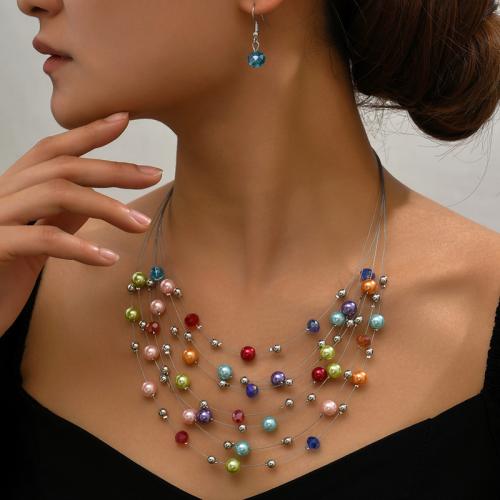Zink legering Smykke sæt, ørering & halskæde, Zinc Alloy, med Glas & Plastic Pearl, forgyldt, 2 stykker & for kvinde, flere farver til valg, Solgt af sæt