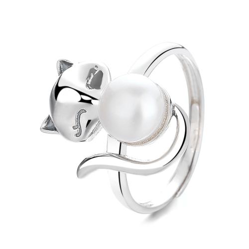 925 Sterling Silver Cuff Finger Ring with Plastic Pearl Cat Korean style & for woman US Ring Sold By PC
