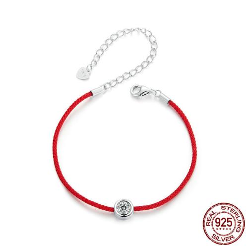 925 Sterling Silver Bracelet with Moissanite & Cotton Cord with 2.36inch extender chain Round platinum plated fashion jewelry & for woman Length Approx 5.91 Inch Sold By PC