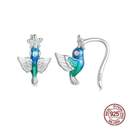 925 Sterling Silver Drop Earring Hummingbird platinum plated micro pave cubic zirconia & for woman & enamel Sold By Pair