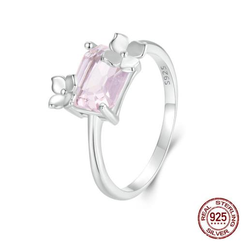 925 Sterling Silver Finger Ring, with Glass, Flower, platinum plated, different size for choice & for woman, US Ring Size:6-8, Sold By PC