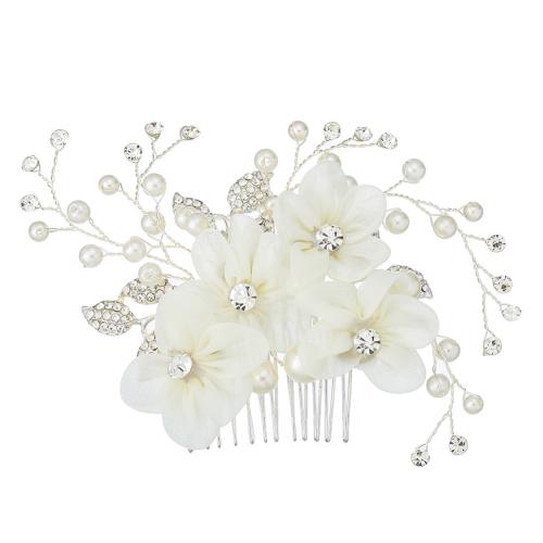 Decorative Hair Combs Zinc Alloy with Cloth & Plastic Pearl handmade fashion jewelry & for woman & with rhinestone silver color Sold By PC