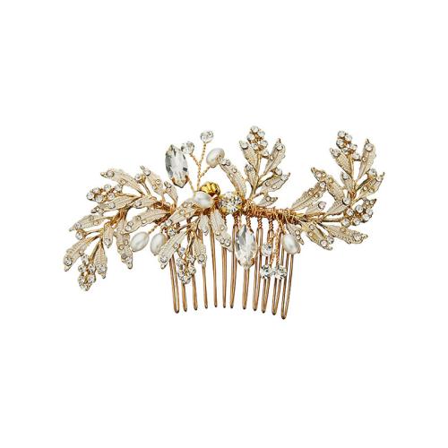 Dekorative Hårkamme, Zinc Alloy, med Plastic Pearl, mode smykker & for kvinde & med rhinestone, gylden, 105x70mm, Solgt af PC
