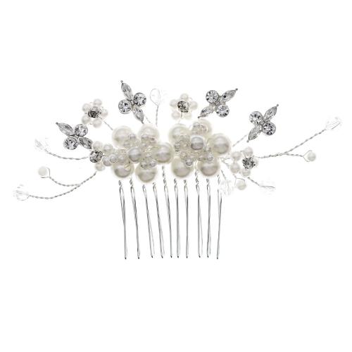 Dekorative Hårkamme, Zinc Alloy, med Plastic Pearl, mode smykker & for kvinde & med rhinestone, sølv, 145x70mm, Solgt af PC