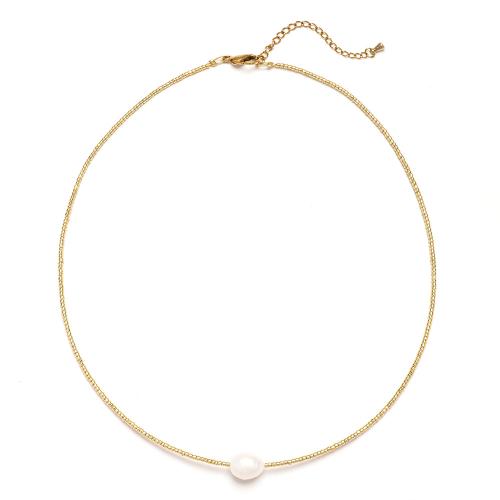 Stainless Steel Jewelry Necklace 304 Stainless Steel with Freshwater Pearl with 5.8cm extender chain Vacuum Ion Plating fashion jewelry & for woman golden Length 39.5 cm Sold By PC