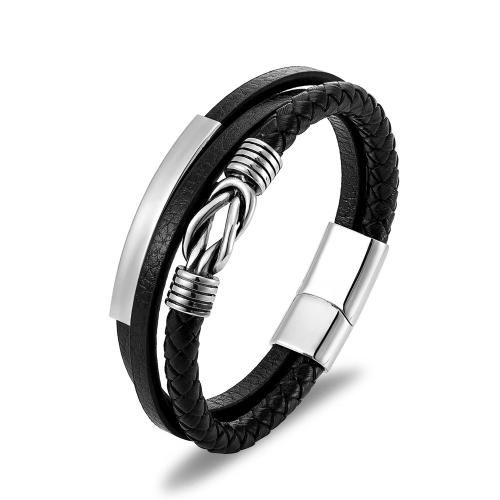 ПУ шнур браслеты, Нержавеющая сталь 304, с Микрофибра PU, Мужская & разные стили для выбора, черный, длина Приблизительно 21.5 см, продается PC
