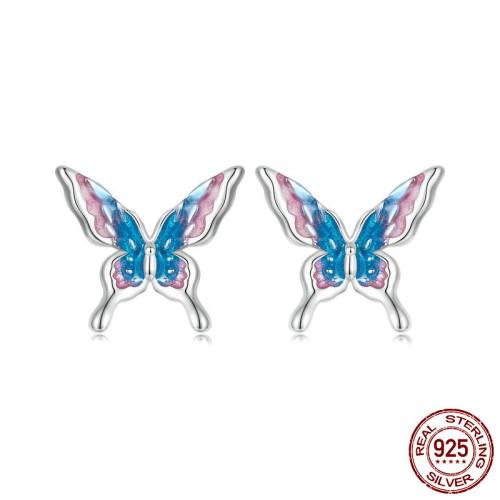 925 Sterling Silver Stud Earring Butterfly platinum plated for woman & enamel Sold By Pair