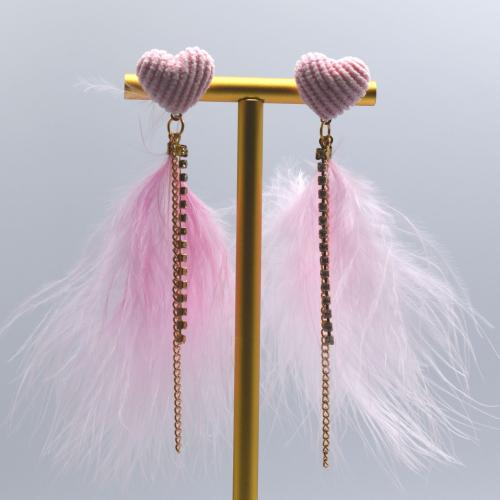 Fashion Feather Earring with Cloth & Rhinestone & Zinc Alloy gold color plated fashion jewelry & for woman 100mm Sold By Pair