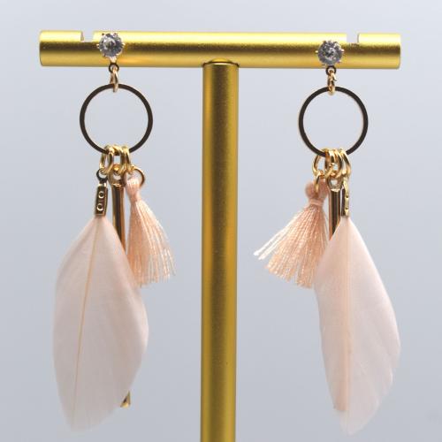 Fashion Feather Earring with Cubic Zirconia & Polyester & Zinc Alloy gold color plated fashion jewelry & for woman Sold By Pair