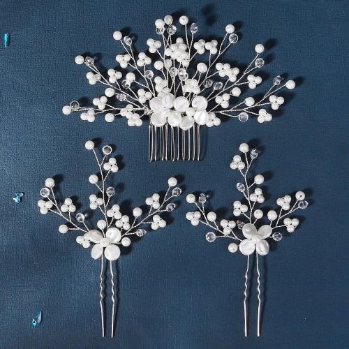 Mixed Hair Accessories Zinc Alloy hair comb & hair stick with Crystal & Plastic Pearl three pieces & fashion jewelry & for woman silver color Sold By Set