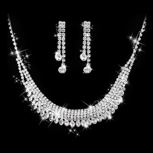 Zinc Alloy šperky Soupravy, náušnice & náhrdelník, Zinek, barva stříbrná á, 2 kusy & pro ženy & s drahokamu, nikl, olovo a kadmium zdarma, Prodáno By nastavit