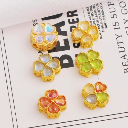Zinc Alloy Jewelry Beads with Cats Eye Four Leaf Clover gold color plated DIY nickel lead & cadmium free 10mm Sold By PC