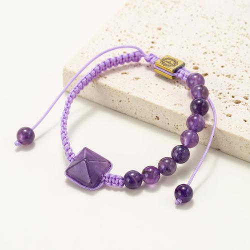 Quartz Bracelets Amethyst with Knot Cord & Zinc Alloy Pyramidal gold color plated Adjustable & fashion jewelry & Unisex purple 12mm Sold By PC