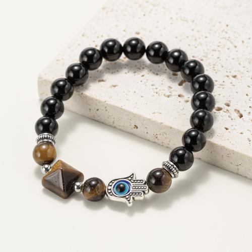 Gemstone Bracelets Obsidian with Tiger Eye & Resin & Zinc Alloy Pyramidal silver color plated fashion jewelry & Unisex mixed colors Sold By PC